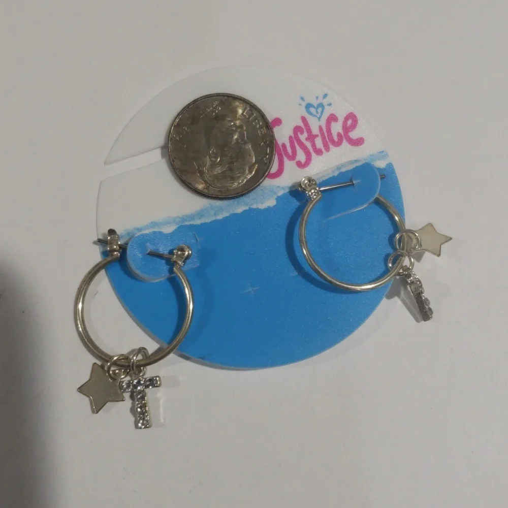 Justice Silver-tone Hoop Earrings Sparkling Cross & star-shaped charms - Girls